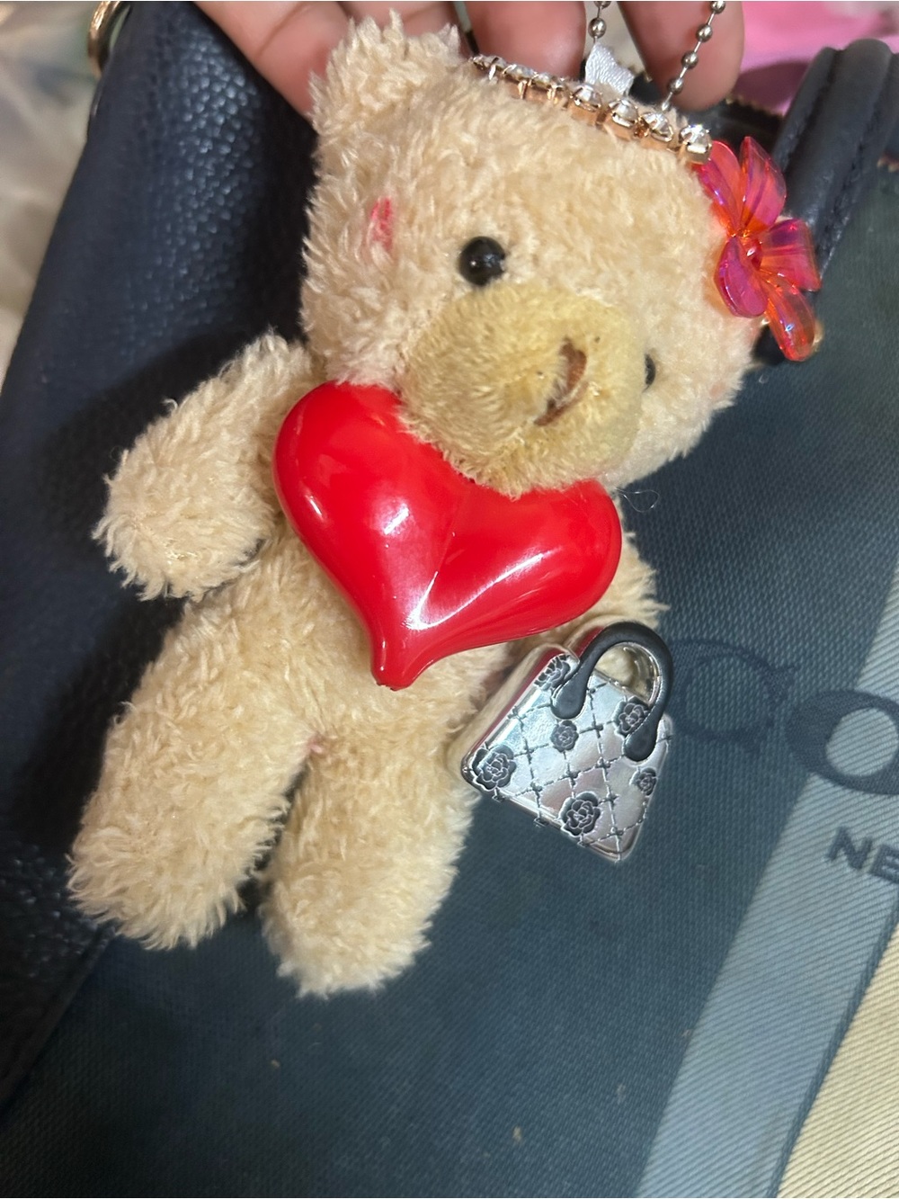 Plush Teddy Keychain with Red Heart Charm